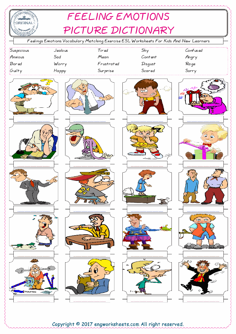  Feelings Emotions for Kids ESL Word Matching English Exercise Worksheet. 